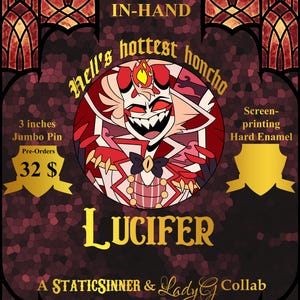 Puede incluir: Un pin gigante de 7,6 cm con un personaje de dibujos animados en rojo y blanco, una gran sonrisa y una llama en la cabeza. El pin está serigrafiado con esmalte duro. Se muestra el texto "Lucifer".