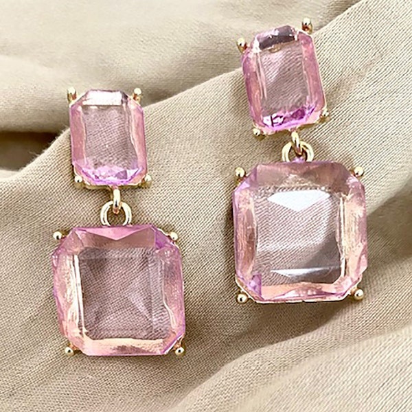 Statement Mauve Earrings, Geometric Clear Crystal, Transparent Square Earring, Dangle and Drop,  Boho Square Earrings, Special Gift for Her