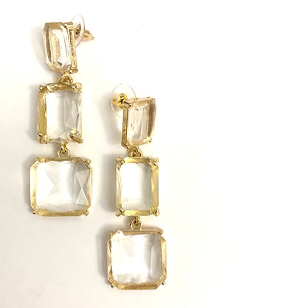 Dangle and Drop Clear Square, Transparent Dangle Earrings, Transparent Chandelier Earrings, Transparent Square Earrings, Triple Tier Dangle