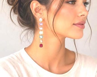 Multi-Color Crystal Drop Earrings,                       Statement Earrings, Colorful Dangle Earrings