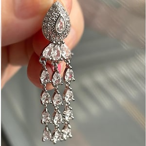 Sterling Silver Teardrop Dangle Earrings: Rhinestone Fringe