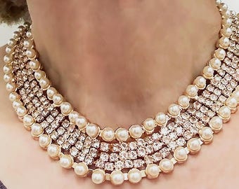 Pearl Rhinestone Choker Necklace, Glam Gift for Her, Statement Bridal Jewelry