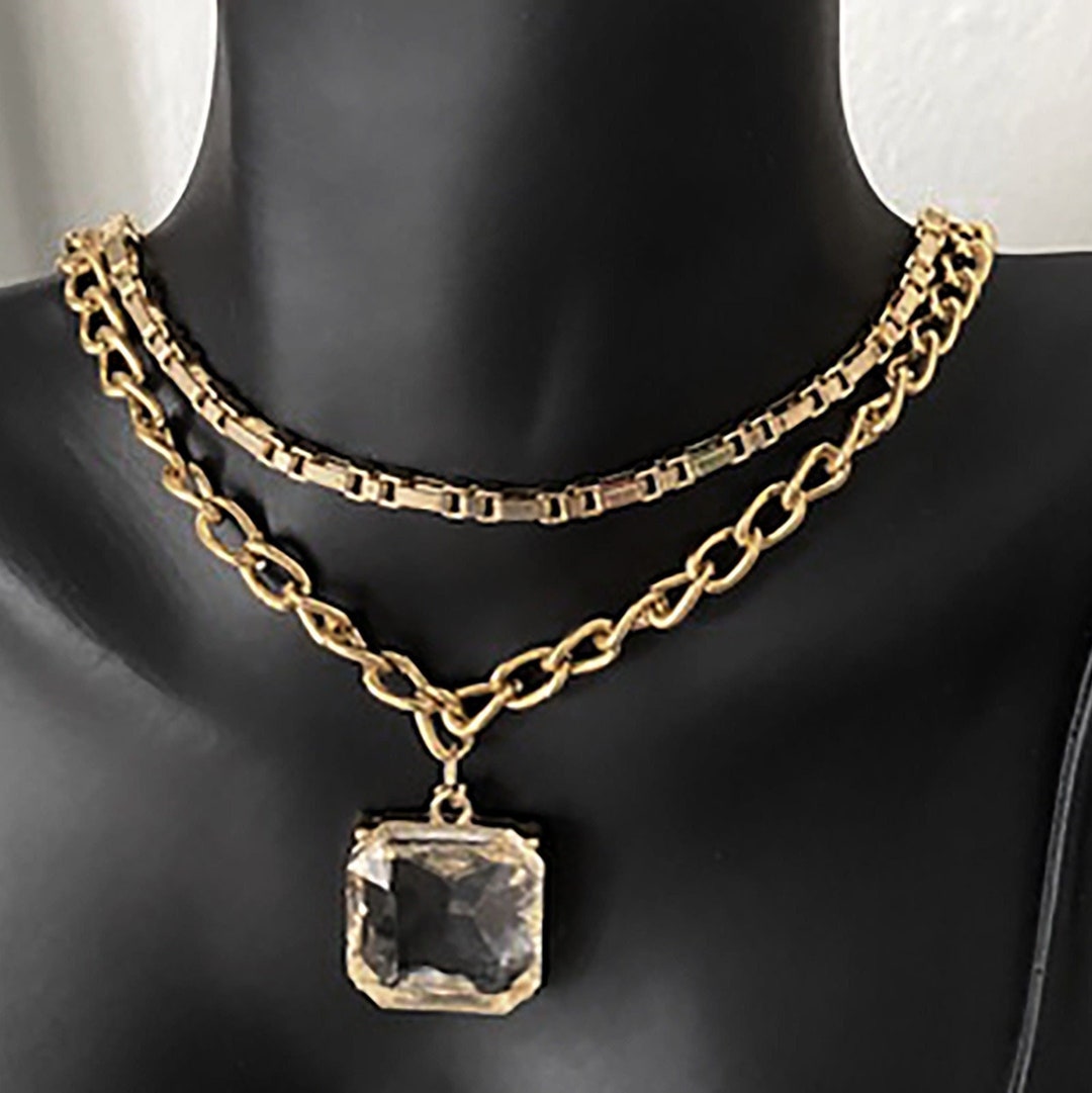Transparenrt Chain Multi Chain Necklace With Transparent Square Pendant. Double Chain ...