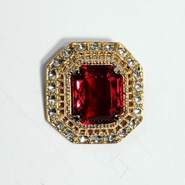SIGNED Tatiana Faberge Imperial Collection Ruby and Clear Crystal and Gold Plated Metal Brooch