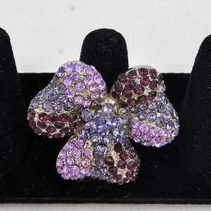 Cocktail Ring Purple Flower Rhinestone Adjustable Ring Floral Sparkle