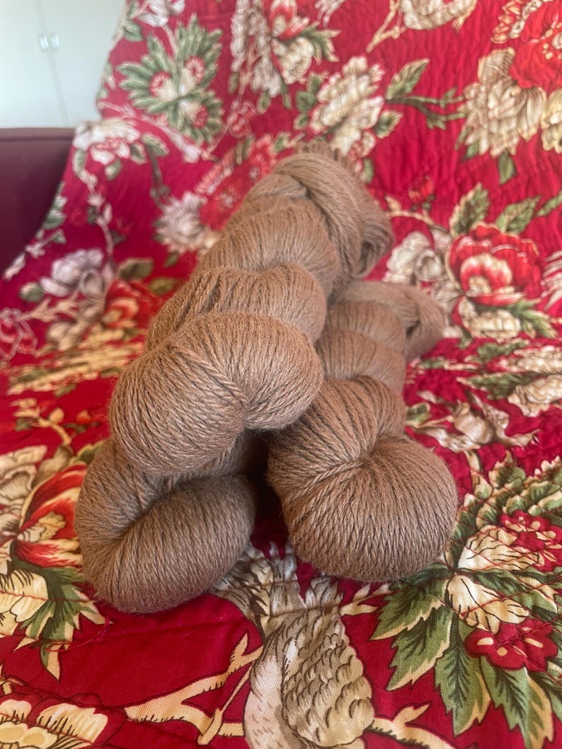 May include: Several skeins of brown yarn are arranged on a red floral patterned fabric. The yarn appears to be soft and loosely spun, with a natural, earthy tone. The fabric has a vintage, quilted appearance.