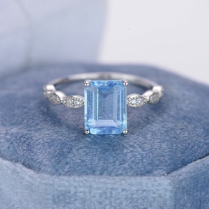 3Ct Emerald cut Aquamarine ring, Aquamarine solitaire ring, natural aquamarine ring, genuine aquamarine emerald cut vintage style ring