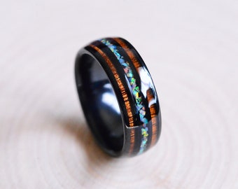 Natural Fire Opal Tungsten Wedding Ring with Hawaii Koa Wood Men's Tungsten Ring with Crushed Opal and Sea Shell.