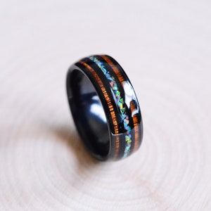 Natural Fire Opal Tungsten Wedding Ring with Hawaii Koa Wood Men's Tungsten Ring with Crushed Opal and Sea Shell.