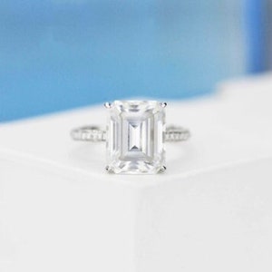 8ct Emerald Cut Moissanite Ring, 8 Carat Emerald Cut Moissanite Engagement Ring, Moissanite Pave Accent Stones Hidden Halo Ring
