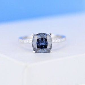 2 Carat Cushion Cut Dark Gray Gray Grey-Blue  Moissanite  14K  White Gold Ring