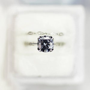 3 Carat Dark GRAY BLUE MOISSANITE Engagement Eternity Gold Rings Set, Floral Moissanite Ring set Unique Grey Moissanite Twig Design Ring Set