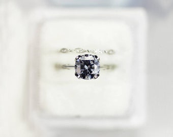 4 Carat Dark GRAY BLUE MOISSANITE Engagement Eternity Gold Rings Set, Floral Moissanite Ring set Unique Grey Moissanite Twig Design Ring Set