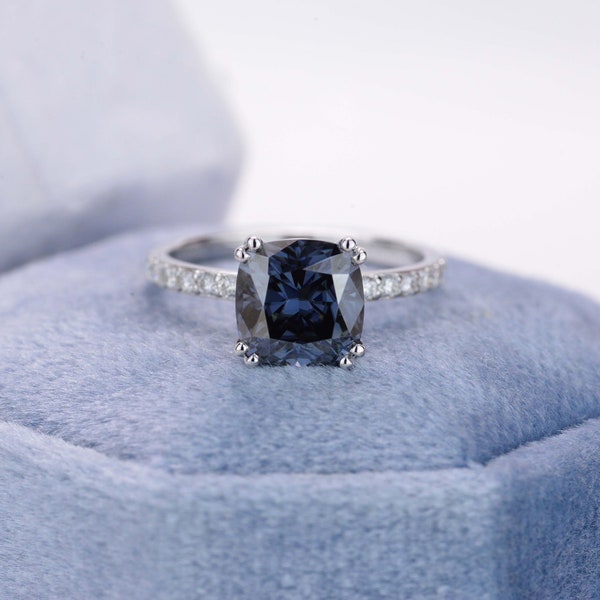 2 Carat Cushion Cut Dark Gray Gray Grey-Blue  Moissanite  14K  White Gold Ring