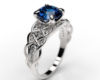 Sapphire Celtic Knot Ring: 2 Carat Round Stone, White Gold Plated Silver