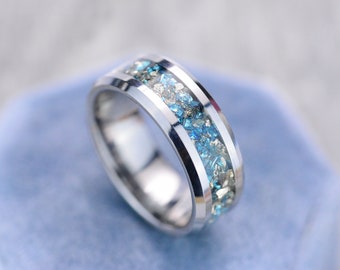 Genuine Crushed Raw Blue and White Sapphire Men's Tungsten Ring. Gift him/her. Unique man's band Gift