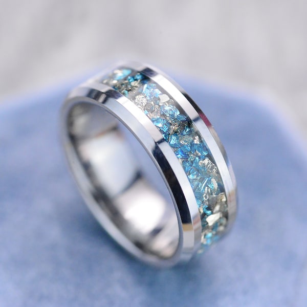 Genuine Crushed Raw Blue and White Sapphire Men's Tungsten Ring. Gift him/her. Unique man's band Gift