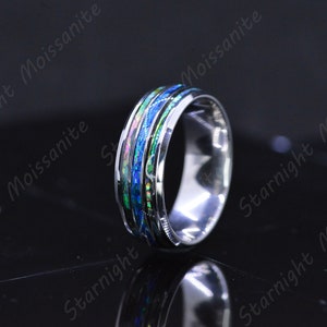 Anillo de acero inoxidable para hombre con concha de abulón y ópalo azul