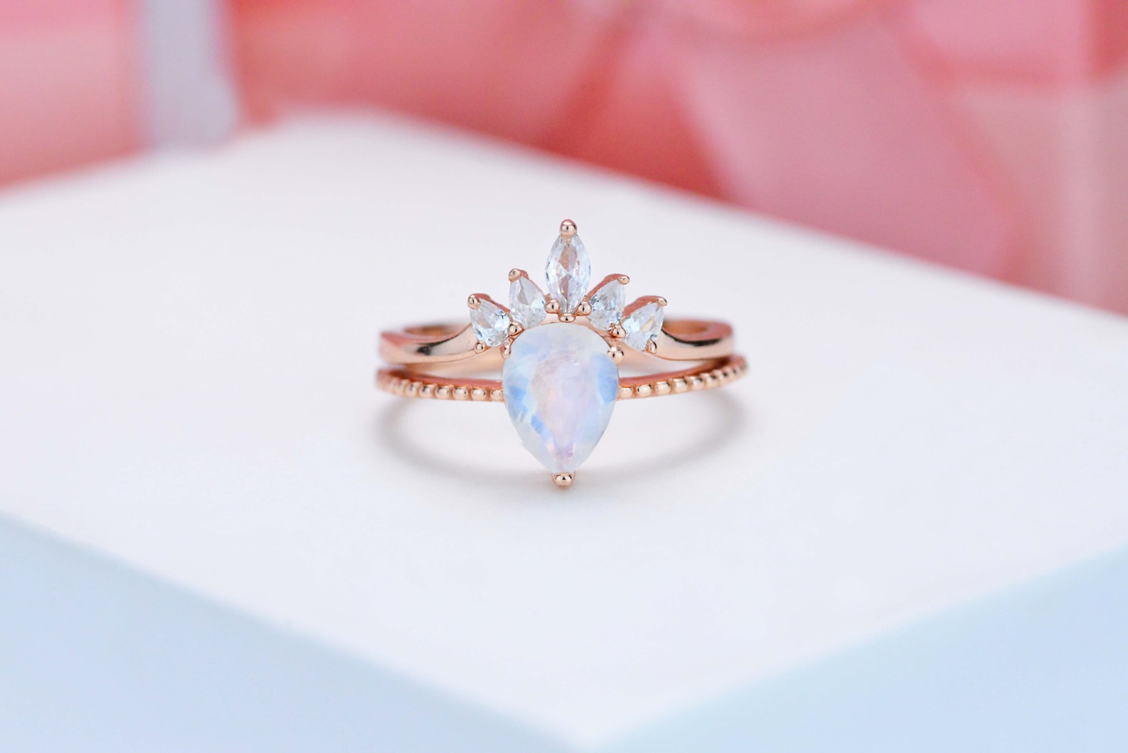 18K Rose Gold-Plated Pear Shape Natural Moonstone Ring main image 1