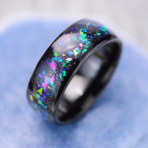 Abalone Shell Tungsten Ring: Crushed Opal Sea Shell Inlay