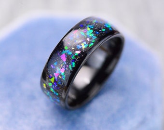 Abalone Shell Tungsten Ring: Crushed Opal Sea Shell Inlay