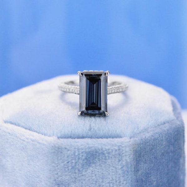 4ct Emerald Cut Dark Gray-Blue Moissanite Engagement Ring, 4 Carat Emerald Cut 11x7mm Moissanite Engagement Ring, Hidden Halo Ring