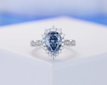 2 Carat Pear Cut Blue Moissanite Halo Engagement Ring