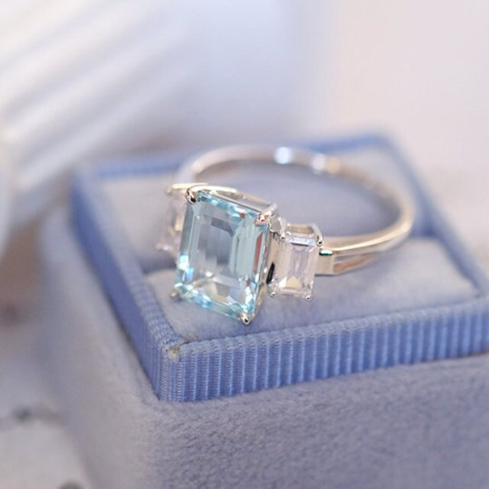 3ct Emerald Cut Aquamarine Ring Aquamarine Three Stone Ring - Etsy