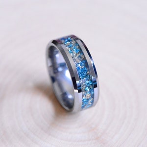 Crushed Blue Sapphire Tungsten Ring, Unique Men's Band