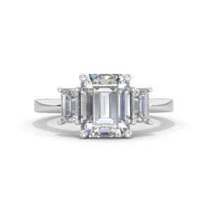 3ct Emerald Shaped Step Cut Moissanite Ring, 3 Carat Emerald Cut Moissanite Engagement Ring, Moissanite three Stones Ring