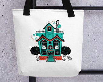 Hunted House Halloween Tote Bag, Halloween Bag, Spooky Tote Bag, Halloween Spooky Tote, Halloween Candy Bags, Halloween Gifts, Kids Tote Bag