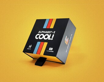 ALPHABET•E•COOL, retro, ABC's trivia card game for people who love the 80s and 90s. 2.5-inch x 2.5-inch playing cards.