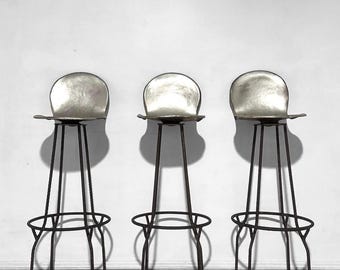 Set of Three Brutalist Industrial Rebar Swivel Bar Stools Postmodern Tall Seating Furniture