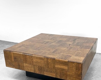 Mid Century Brutalist Parquetry Oak Coffee Table MCM Wood Milo Baughman Style Living Room Furniture