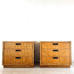 Mid Century Modern Pair of Pecan Campaign Style Nightstands Solid Wood MCM Cabinets Bedroom Furniture