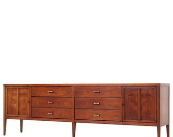 Mid Century Walnut "Tuxedo" Credenza or Sideboard by Lane MCM Wood Storage Cabinet Furniture
