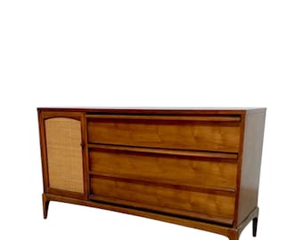 Mid Century Walnut & Cane Rhythm Credenza or Sideboard by Lane MCM Wood Storage Cabinet Furniture