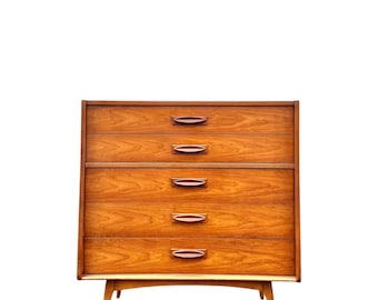 Mid Century Danish Walnut High Chest or Tall Dresser MCM Wood Storage Cabinet Furniture