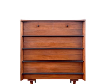 Mid Century Walnut High Chest or Tall Dresser by American of Martinsville Mid Century Modern Wood Storage Cabinet Furniture