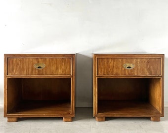 Drexel “Passage” Campaign Pair of Pecan and Brass Nightstands Mid Century Modern MCM Bedside End Tables