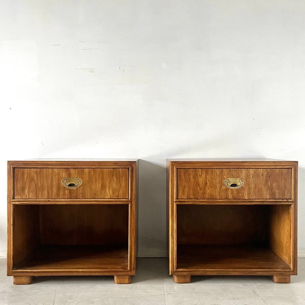 Drexel “Passage” Campaign Pair of Pecan and Brass Nightstands Mid Century Modern MCM Bedside End Tables