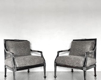 Vintage Pair of French Carved Louis XVI Style Lounge Chairs Living Room Seating Furniture