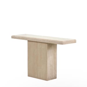 May include: A beige travertine console table featuring a rectangular top with a stepped edge detail, supported by a single, wide, solid rectangular pedestal base. The natural stone surface displays a porous, textured finish in light tan tones.
