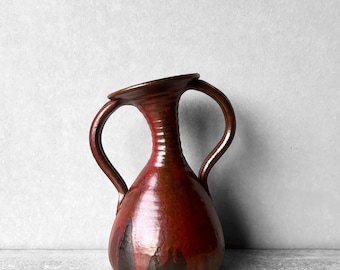 Mid Century Abstract Red Glazed Ceramic Amphora Vase or Vessel MCM Rustic Farmhouse Large Handcrafted Studio Pottery