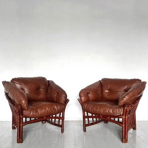 Mid Century Boho Pair of Leather, Bamboo and Rattan Club Chairs After Percival Lafer / MCM Danish Lounge Chairs