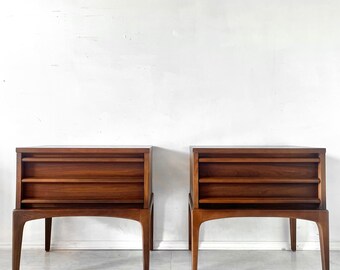 MCM Walnut Pair of Lane “Rhythm” Nightstands Mid Century Danish Modern Wood End Tables or Cabinets