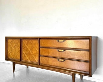 Mid Century Modern Walnut Inlaid Low Dresser or Credenza MCM Danish Style Lowboy or Sideboard