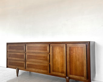 MCM Walnut Inlaid Low Dresser or Credenza by American of Martinsville Mid Century Modern Bedroom Furniture