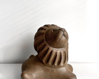 MId Century Stoneware Lion Sculpture Signed by John Seymour MCM Ceramic Table Top Statue Art Pottery Object
