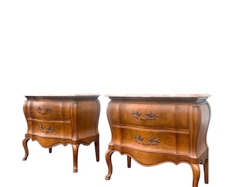 Vintage French Country Pair of Marble Top Nightstands by Widdicomb Louis XV Wood Bombe Commodes or Storage Cabinets